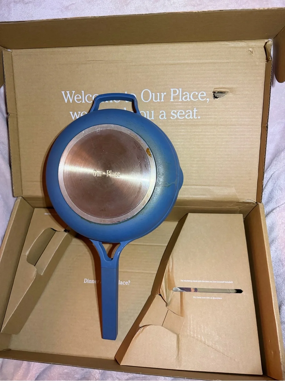 Our Place Always Pan® 2.0 in Salt Blue with lid, spatula, & steamer basket